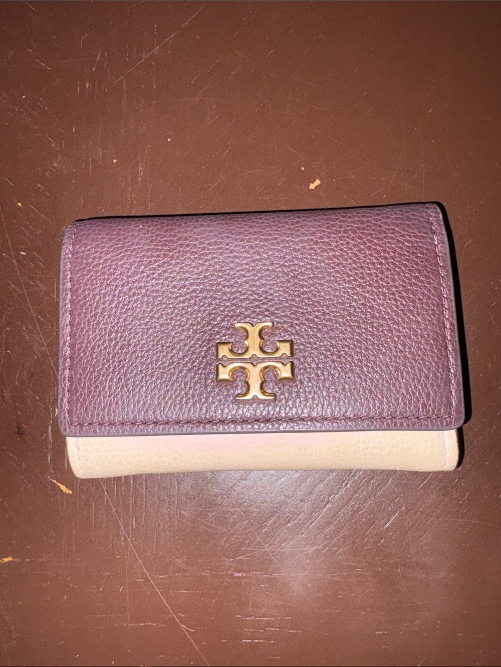 Tory Burch Two-Tone Pebbled Leather Compact Wallet - Brown and Cream